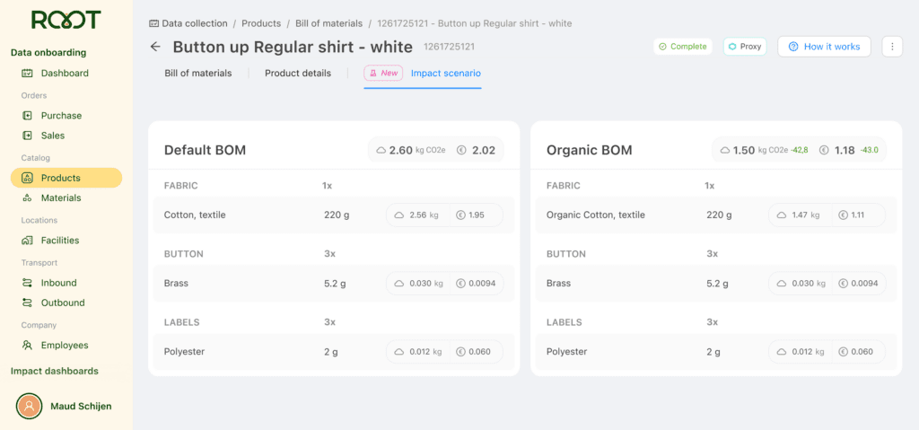 Root's Scenario Builder screenshot comparing the material impact of a traditional versus organic cotton button up shirt